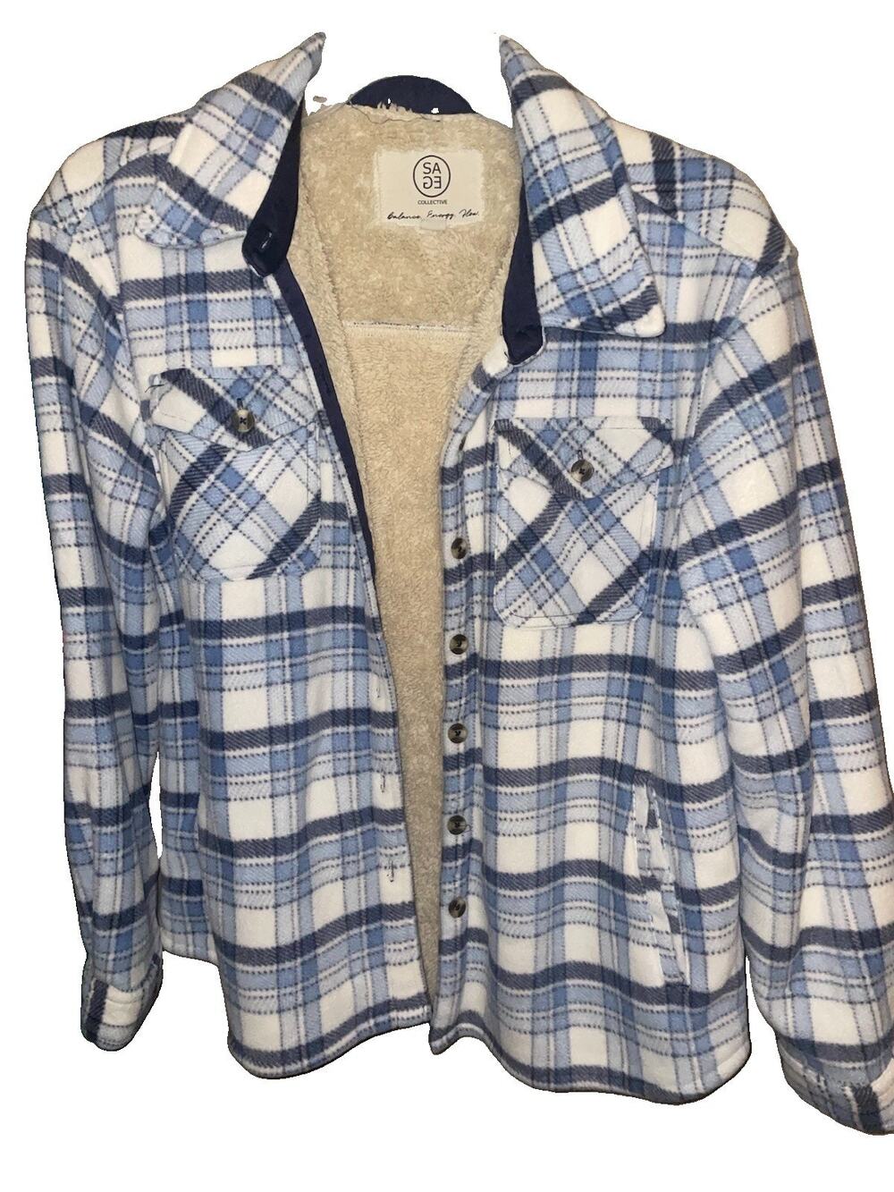 Sage Collective Womens Blue Plaid Cabincore Sherpa Lined Fleece Shacket Sz Large